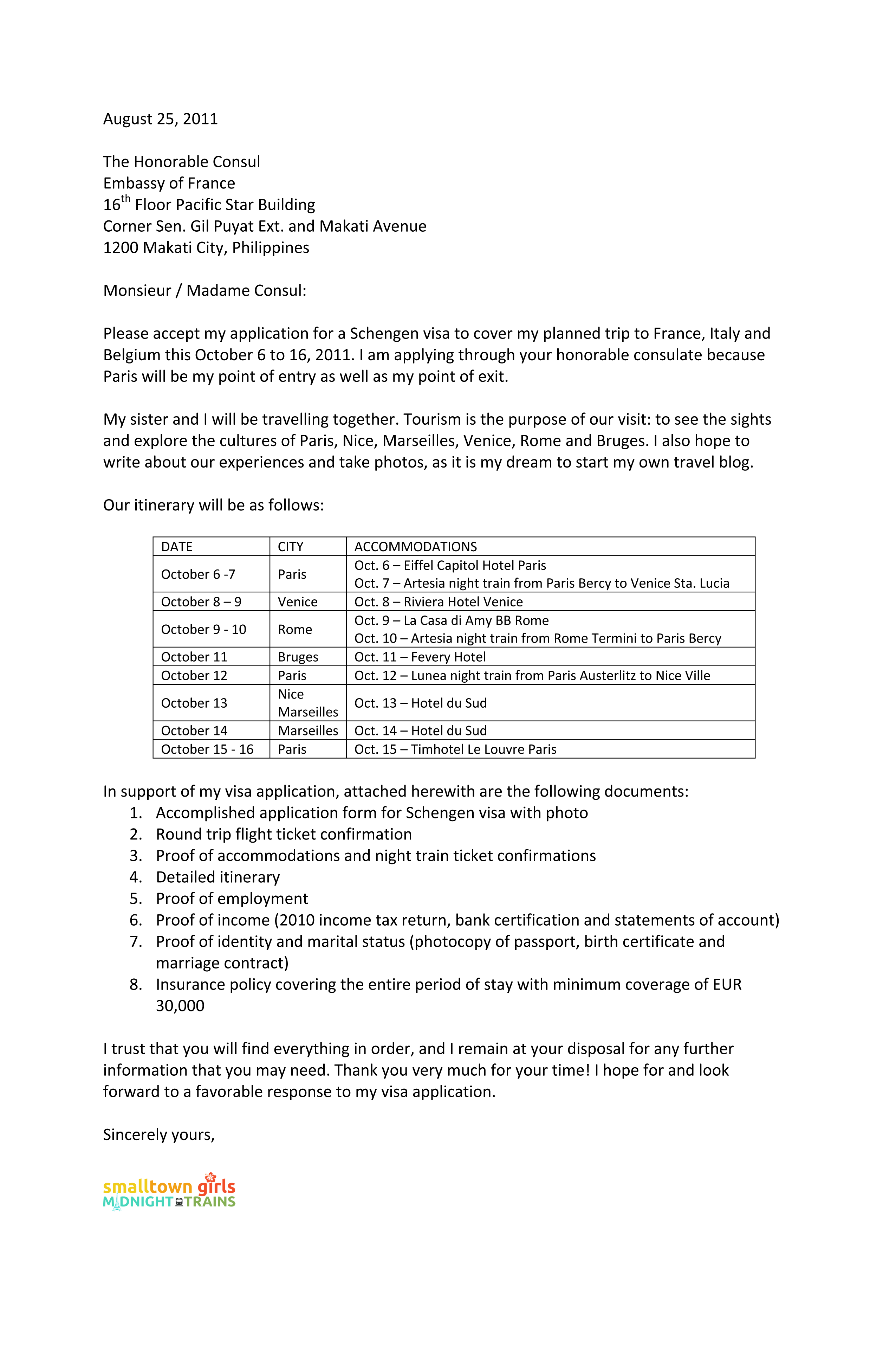 Format of covering letter for schengen visa application