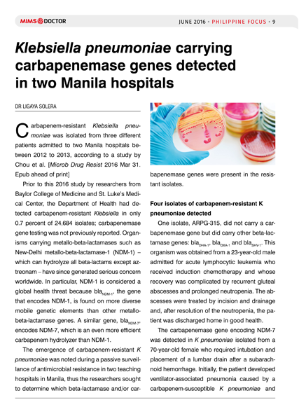 Klebsiella pneumoniae carrying carbapenemase genes detected in two Manila hospitals